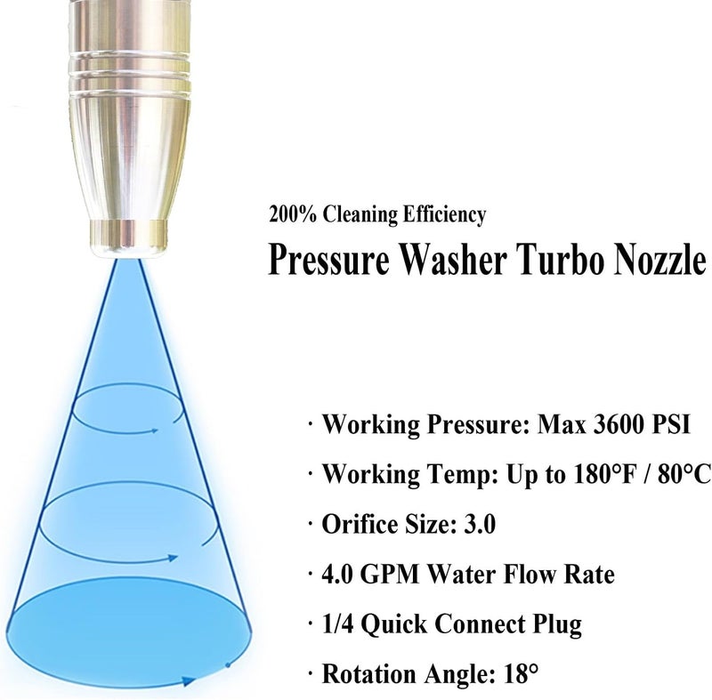 TeenGo Turbo Nozzle Pressure Washer Tips, SUS 304 Stainless Steel 360°Rotating Turbo Nozzle Tips for Pressure Washer Power Washer 3600 PSI Max with 1/4”Quick Connector, 4.0 Orifice, 4.0 GPM, 180 °F - Image 2